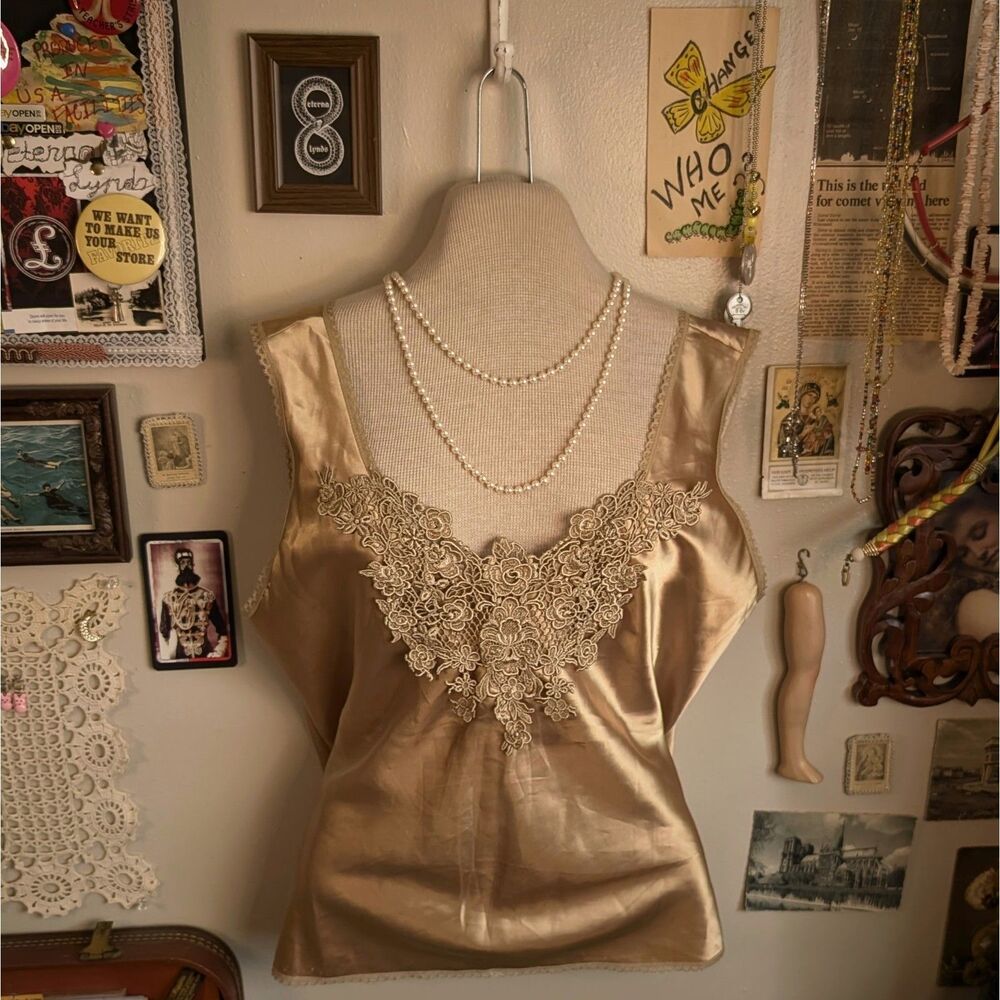 Vintage Satin Lace Cami Tank Top Women's Large/XL Gold